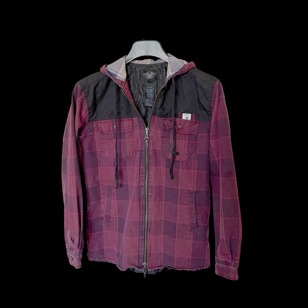 Y2K Harley-Davidson Womens Burgundy Plaid Hooded Zip Up Flannel Shirt Jacket Med